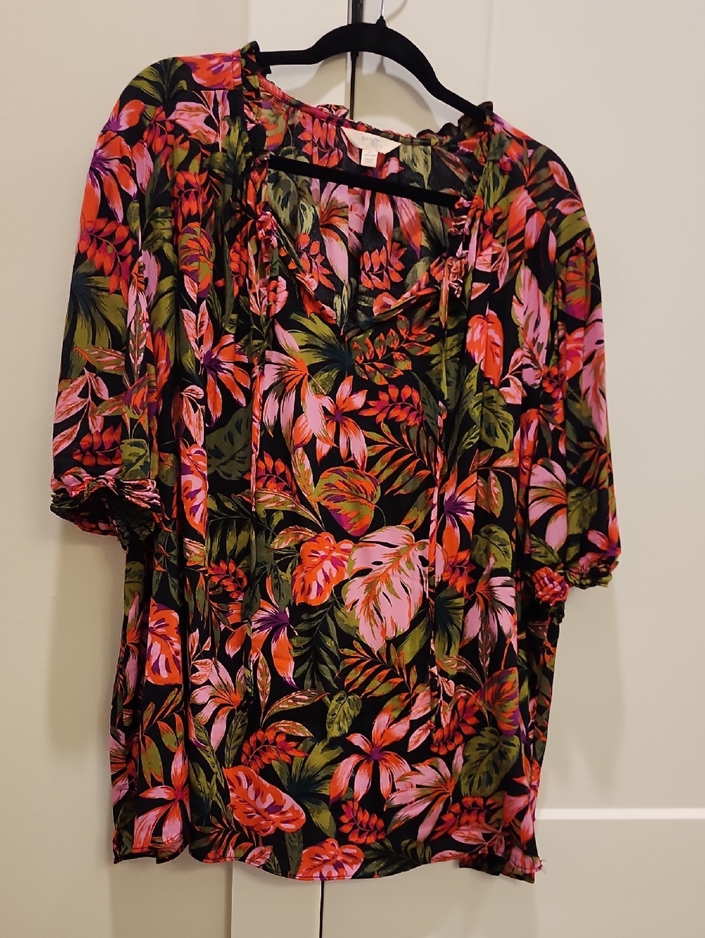 Terra & Sky Black Floral Tie-Neck Tunic with Pink & Green Accents